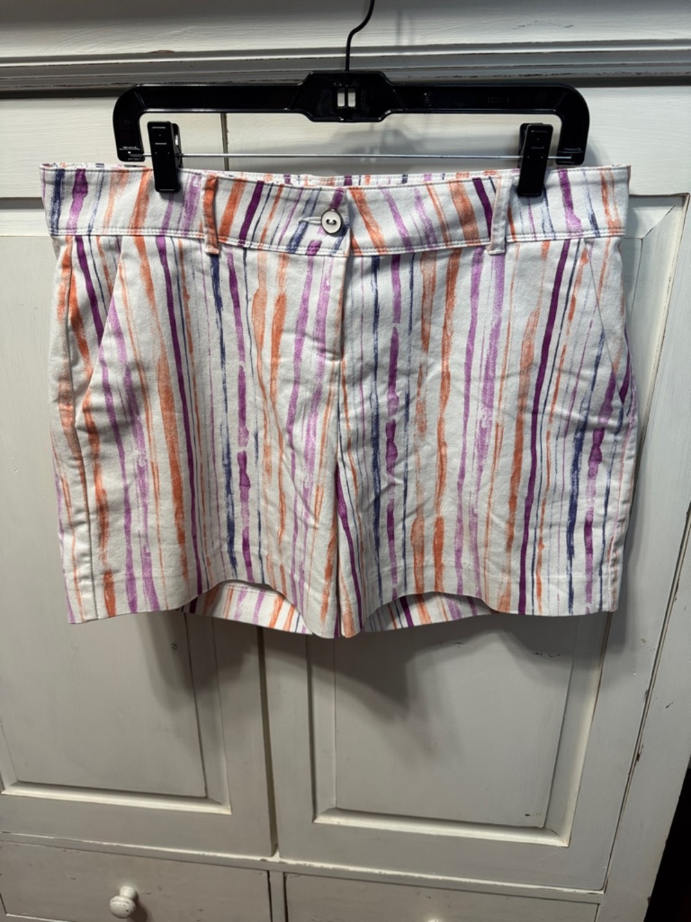 Isaac Mizrahi White Bermuda Shorts with Orange & Purple Stripes